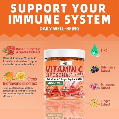 2000mg Liposomal Vitamin C Gummies for Adults, Elderberry Vitamin C and Zinc, NAD, Elderberry, for Immune Support Supplement, Sugar Free, 60 Counts, Orange Flavor in Saudi Arabia