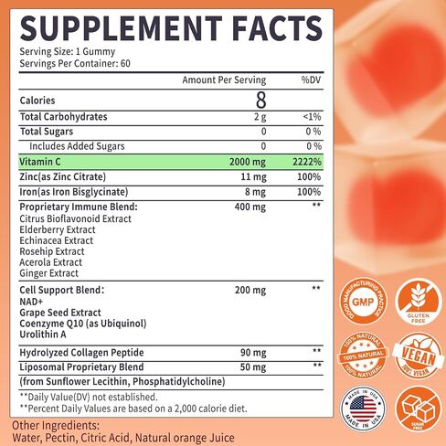 2000mg Liposomal Vitamin C Gummies for Adults, Elderberry Vitamin C and Zinc, NAD, Elderberry, for Immune Support Supplement, Sugar Free, 60 Counts, Orange Flavor in Saudi Arabia