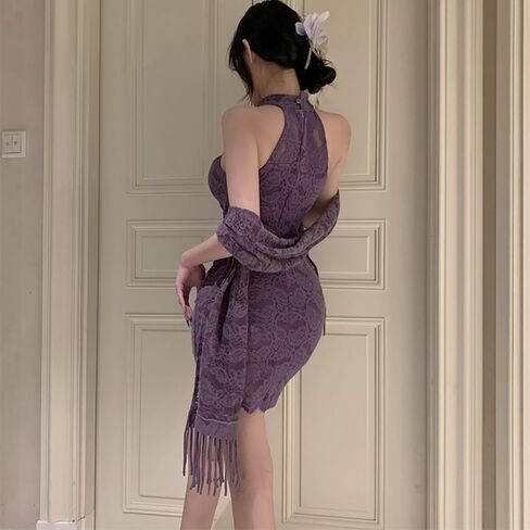 Women's cosplay retro V revealing sexy cheongsam underwear Chinese mesh slit dress in Kuwait