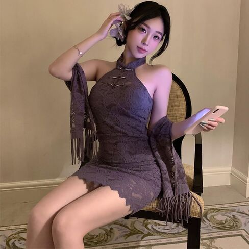 Women's cosplay retro V revealing sexy cheongsam underwear Chinese mesh slit dress in Kuwait