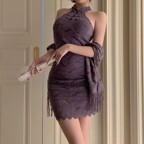 Women's cosplay retro V revealing sexy cheongsam underwear Chinese mesh slit dress in Kuwait