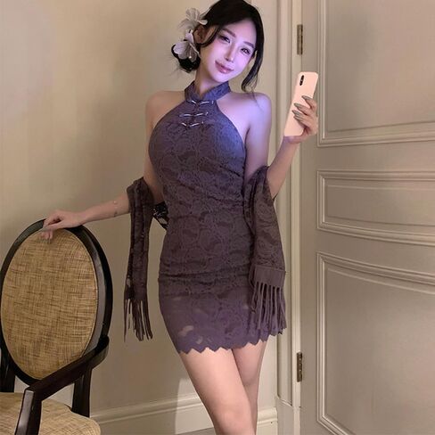 Women's cosplay retro V revealing sexy cheongsam underwear Chinese mesh slit dress in Kuwait