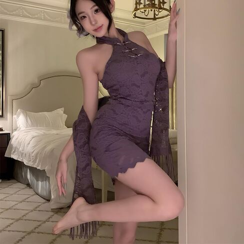 Women's cosplay retro V revealing sexy cheongsam underwear Chinese mesh slit dress in Kuwait
