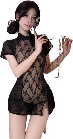 Women's cosplay retro V revealing sexy cheongsam underwear Chinese mesh slit dress in Kuwait