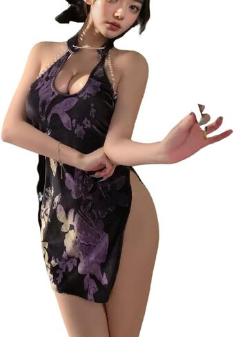 Women's cosplay retro V revealing sexy cheongsam underwear Chinese mesh slit dress in Kuwait