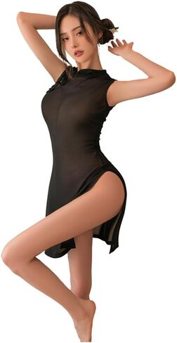 Women's cosplay retro V revealing sexy cheongsam underwear Chinese mesh slit dress in Kuwait