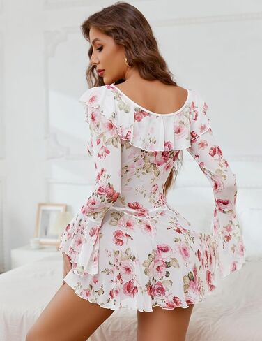 Avidlove Sexy Lingerie Babydoll Rave Ruffle Dress Off Shoulder Long Sleeve Nightgowns Outfits (White Floral, Medium) in Kuwait