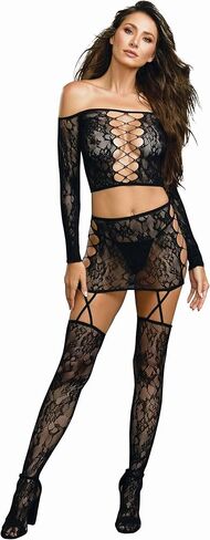 Dreamgirl Women's Lace Patterned Knit Set with Attached Garters and Stockings Underwear, black, One Size in Saudi Arabia