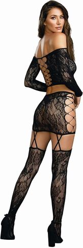 Dreamgirl Women's Lace Patterned Knit Set with Attached Garters and Stockings Underwear, black, One Size in Saudi Arabia