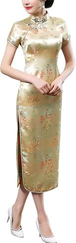 Vintage Short Sleeve Maxi Cheongsam Print High Slit Side Traditional Chinese New Year Party Bodycon Costume in Kuwait
