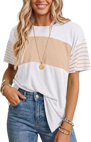 Summer Striped Tops for Women Short Sleeve Crew Neck Oversized T-Shirts Color Block Loose Tunic Top Casual Basic Tee in Kuwait