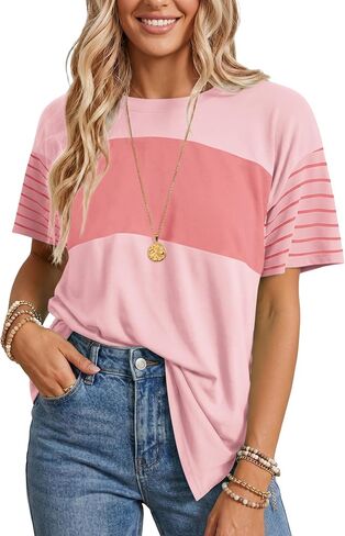 Summer Striped Tops for Women Short Sleeve Crew Neck Oversized T-Shirts Color Block Loose Tunic Top Casual Basic Tee in Saudi Arabia
