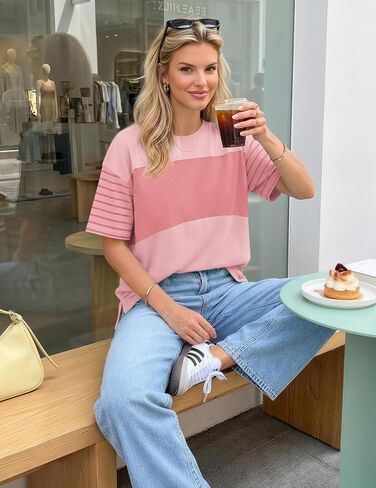 Summer Striped Tops for Women Short Sleeve Crew Neck Oversized T-Shirts Color Block Loose Tunic Top Casual Basic Tee in Saudi Arabia
