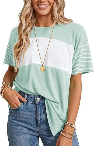 Summer Striped Tops for Women Short Sleeve Crew Neck Oversized T-Shirts Color Block Loose Tunic Top Casual Basic Tee in Saudi Arabia