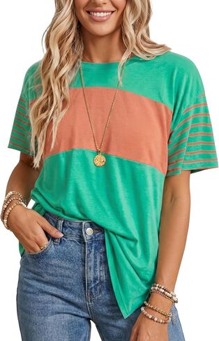 Summer Striped Tops for Women Short Sleeve Crew Neck Oversized T-Shirts Color Block Loose Tunic Top Casual Basic Tee in Saudi Arabia