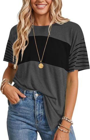 Summer Striped Tops for Women Short Sleeve Crew Neck Oversized T-Shirts Color Block Loose Tunic Top Casual Basic Tee in Saudi Arabia
