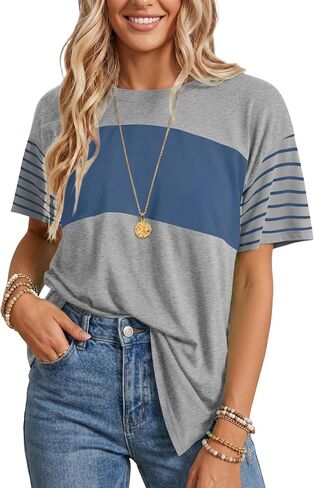 Summer Striped Tops for Women Short Sleeve Crew Neck Oversized T-Shirts Color Block Loose Tunic Top Casual Basic Tee in Saudi Arabia