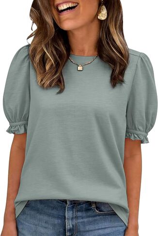 PEHMEA Women's Cotton Ruffle Short Sleeve T Shirt Soft Casual Crew Neck Summer Tops Basic Tees for Work Weekend in Saudi Arabia