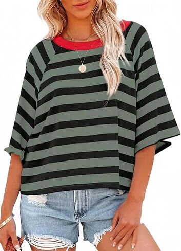 Women's Striped Oversized T-Shirt, Half Sleeve, Crew Neck, Casual Summer Top in Saudi Arabia