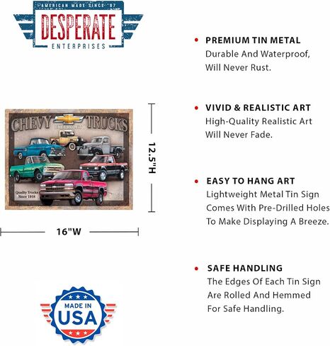 Desperate Enterprises Chevy Trucks Tribute Tin Sign - Nostalgic Vintage Metal Wall Decor - Made in USA in Kuwait