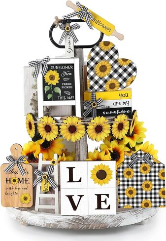 Thyle 15 Pcs Sunflower Tiered Tray Decor Set Wooden Ornament Rustic Decorations Farmhouse Sunflower Sign for Gifting Table Home Decor in Kuwait