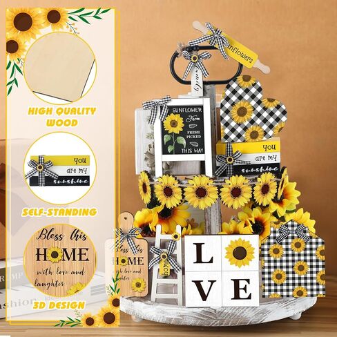 Thyle 15 Pcs Sunflower Tiered Tray Decor Set Wooden Ornament Rustic Decorations Farmhouse Sunflower Sign for Gifting Table Home Decor in Kuwait