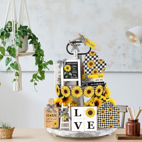 Thyle 15 Pcs Sunflower Tiered Tray Decor Set Wooden Ornament Rustic Decorations Farmhouse Sunflower Sign for Gifting Table Home Decor in Kuwait