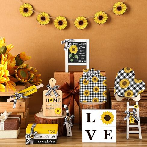 Thyle 15 Pcs Sunflower Tiered Tray Decor Set Wooden Ornament Rustic Decorations Farmhouse Sunflower Sign for Gifting Table Home Decor in Kuwait