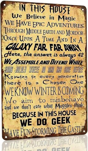Vintage Geek Metal Tin Sign - Funny House Rules Wall Decor for Movie Lovers & Gamers - Retro Sci-Fi & Fantasy Quote Art for Game Room, Man Cave, Library, or Home Theater - 12x8 Inch in Saudi Arabia