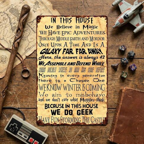 Vintage Geek Metal Tin Sign - Funny House Rules Wall Decor for Movie Lovers & Gamers - Retro Sci-Fi & Fantasy Quote Art for Game Room, Man Cave, Library, or Home Theater - 12x8 Inch in Saudi Arabia