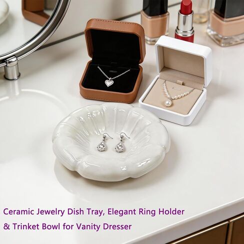Ceramic Jewelry Tray Dish,Nightstand Ring Holder Dish& Bathroom Jewlery Plate Bowl,Small Trinket Dish Tray for Friends, Mother, Sister (White-A) in Kuwait