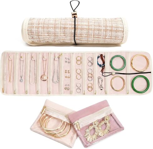 Travel Jewelry Organizer Roll with Clear Zipper Pockets, Tangle-Free Velvet Jewelry Pouch Storage Bag for Women, Portable Necklace Ring Earring Holder Organizer, Foldable Jewelry Storage Bag Case in Kuwait