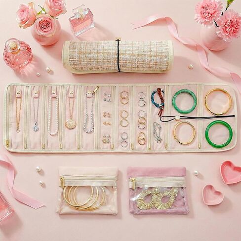 Travel Jewelry Organizer Roll with Clear Zipper Pockets, Tangle-Free Velvet Jewelry Pouch Storage Bag for Women, Portable Necklace Ring Earring Holder Organizer, Foldable Jewelry Storage Bag Case in Kuwait