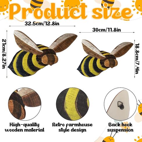 BrightRow 2 Pack Farmhouse Bee Wall Decor Rustic Country Bee Wall Art Wooden Hanging Honeybee Sculpture for Home Nursery Indoor Outdoor Garden Yard Hanging Decor in Saudi Arabia