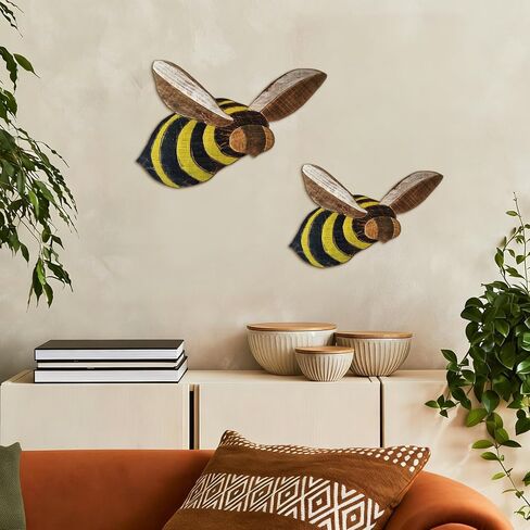 BrightRow 2 Pack Farmhouse Bee Wall Decor Rustic Country Bee Wall Art Wooden Hanging Honeybee Sculpture for Home Nursery Indoor Outdoor Garden Yard Hanging Decor in Saudi Arabia