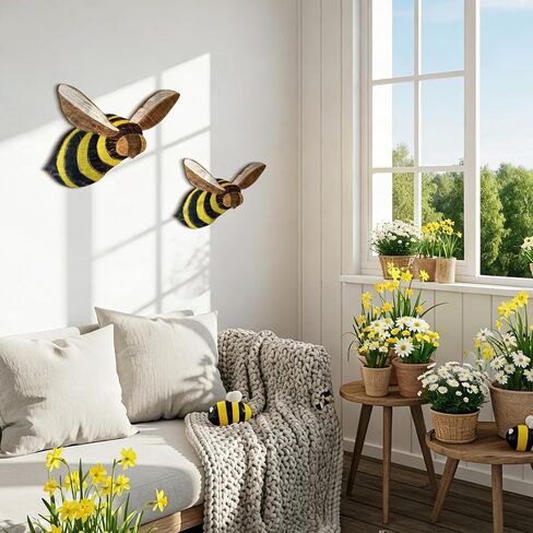 BrightRow 2 Pack Farmhouse Bee Wall Decor Rustic Country Bee Wall Art Wooden Hanging Honeybee Sculpture for Home Nursery Indoor Outdoor Garden Yard Hanging Decor in Saudi Arabia