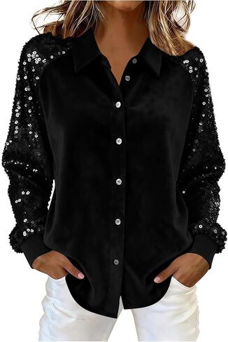 Women Button Down Shirt Sparkly Sequin Shacket Long Sleeve Glitter Casual Outerwear Tops Dressy Glitter Party Outfits in Kuwait