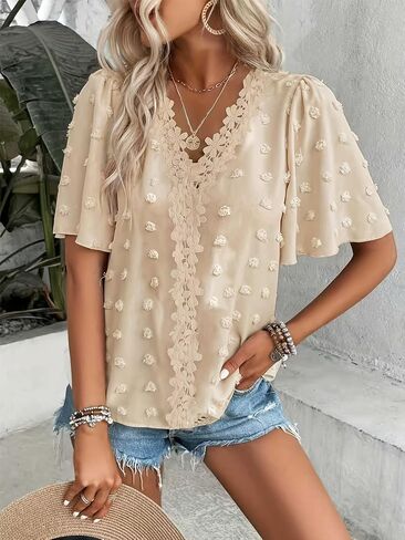 Women's Swiss Dot Contrast Guipure Lace Butterfly Sleeve Blouse V Neck Flowy Ruffle Sleeves for Summer Casual Dressy in Kuwait