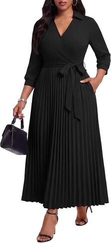 FANDEE Maxi Dresses for Women, V Neck 3/4 Sleeve Pleated Work Dress with Belt Church Dresses for Women with Pockets in Kuwait