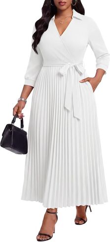 FANDEE Maxi Dresses for Women, V Neck 3/4 Sleeve Pleated Work Dress with Belt Church Dresses for Women with Pockets in Saudi Arabia