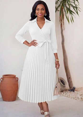 FANDEE Maxi Dresses for Women, V Neck 3/4 Sleeve Pleated Work Dress with Belt Church Dresses for Women with Pockets in Saudi Arabia