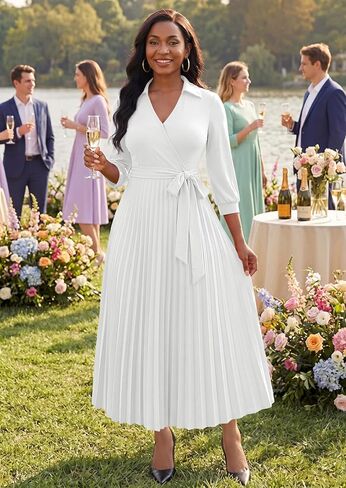 FANDEE Maxi Dresses for Women, V Neck 3/4 Sleeve Pleated Work Dress with Belt Church Dresses for Women with Pockets in Saudi Arabia