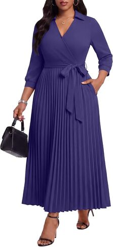 FANDEE Maxi Dresses for Women, V Neck 3/4 Sleeve Pleated Work Dress with Belt Church Dresses for Women with Pockets in Saudi Arabia