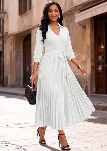 FANDEE Maxi Dresses for Women, V Neck 3/4 Sleeve Pleated Work Dress with Belt Church Dresses for Women with Pockets in Saudi Arabia