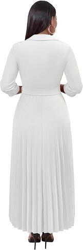 FANDEE Maxi Dresses for Women, V Neck 3/4 Sleeve Pleated Work Dress with Belt Church Dresses for Women with Pockets in Saudi Arabia