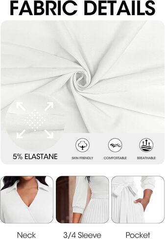 FANDEE Maxi Dresses for Women, V Neck 3/4 Sleeve Pleated Work Dress with Belt Church Dresses for Women with Pockets in Saudi Arabia