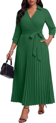 FANDEE Maxi Dresses for Women, V Neck 3/4 Sleeve Pleated Work Dress with Belt Church Dresses for Women with Pockets in Saudi Arabia