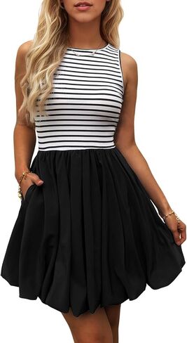 Women's Casual Bubble Mini Dress with Pockets Sleeveless Bubble Hem Striped Tank Short Dresses Summer in Saudi Arabia