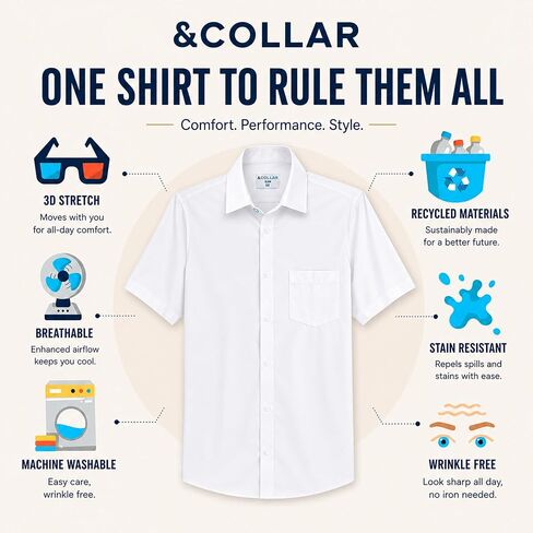 &COLLAR Men's White Short Sleeve Dress Shirt — Stretch, Wrinkle Free, Stain Guard | Slim & Athletic Fit Button Down in Saudi Arabia