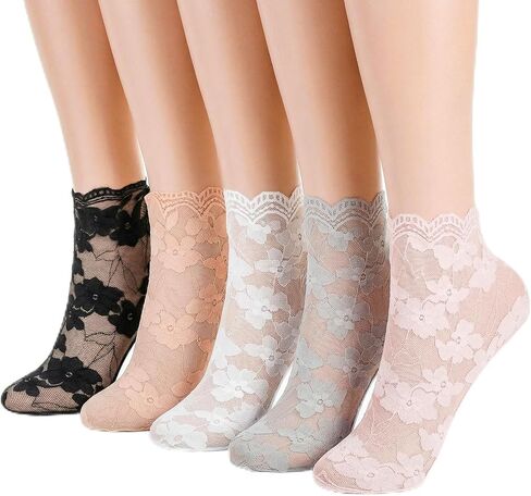 5 Pairs Sheer Lace Ankle Socks,Lace Socks Women Fishnet Ankle Floral Mesh Sock for Women Girls in Saudi Arabia